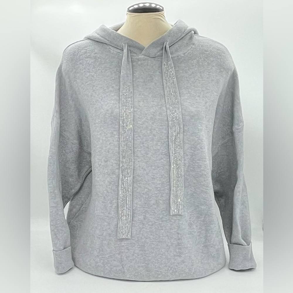 Enzoria Women’s Hooded Grey Sweater Rhinestone Ties And Rhinestone Star On Back